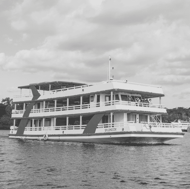 Luxury river cruise boat on water with scenic background.